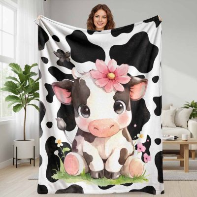 Cute Little Cow Flannel Blanket Watercolor Floral Animal Print Super Soft Cozy Lightweight Warm Perfect For Bedroom Living Room Sofa Couch Office Travel Outdoor Camping