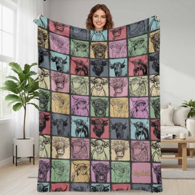Highland Cow Flannel Blanket Retro Colorful Animal Portrait Print Super Soft Warm Lightweight Cozy Fleece Bed Blanket For Bedroom Living Room Sofa Couch Office Travel Camping Housewarming Gift