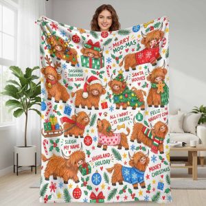 Christmas Highland Cattle Flannel Blanket Merry Moo Mas Cute Scottish Cow Animal Print Super Soft Warm Cozy Plush Throw Blanket For Winter Holiday Bed Couch Living Room Sofa Home Decor