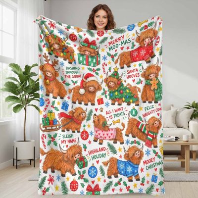 Christmas Highland Cattle Flannel Blanket Merry Moo Mas Cute Scottish Cow Animal Print Super Soft Warm Cozy Plush Throw Blanket For Winter Holiday Bed Couch Living Room Sofa Home Decor