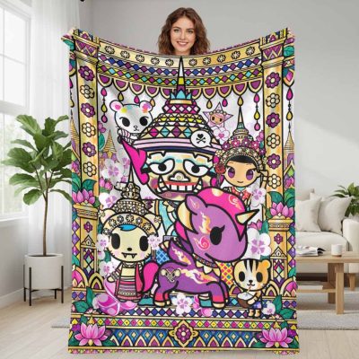 Thai Culture Fantasy Art Flannel Blanket Vibrant Pop Cartoon Print Soft Lightweight Cozy Warm Throw For Living Room Bedroom Sofa Couch Travel Office Camping Holiday Gift