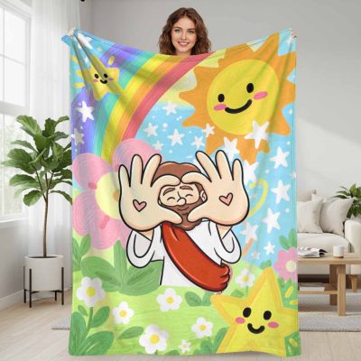 Religious Savior and Heart Hands Flannel Blanket Cute Cartoon Rainbow Sun Flower Print Soft Lightweight Cozy Warm Fleece Throw Blanket for Bedroom Living Room Sofa Couch Travel Office Camping