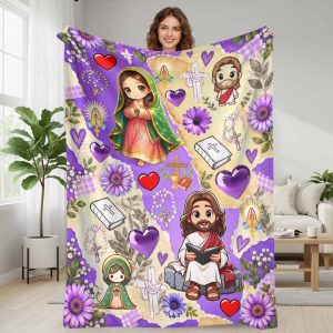 Virgin Mary and Jesus Christian Faith Flannel Blanket Purple Floral Cross Rosary Bible Print Soft Warm Cozy Lightweight Microfiber For Home Sofa Bed Living Room Church Worship Daily Prayer Religious Holiday Gift