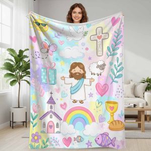 Christian Jesus flannel blanket with cute religious elements cross dove church rainbow pastel watercolor cute animal design super soft cozy lightweight warm fleece throw blanket for living room bedroom sofa couch bed travel holiday gift