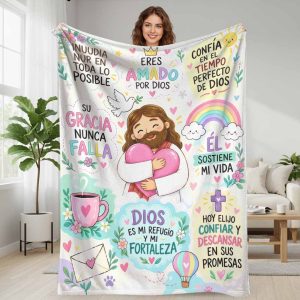 Religious Quote Spanish Text Flannel Blanket Inspirational Jesus Christ Cross and Heart Print Super Soft Warm Cozy Lightweight Throw Blanket Perfect for Living Room Bedroom Sofa Couch Travel Camping Reading Bedding