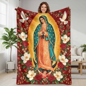 Virgin Mary flannel blanket Our Lady of Guadalupe printed sacred religious icon holy mother soft warm cozy plush throw blanket for church prayer room home decor spiritual worship altar prayer gift meditation space religious festival