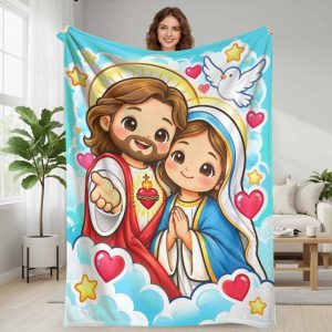 Sacred Heart Jesus and Mary flannel blanket divine love faith religious print ultra soft warm cozy lightweight fluffy plush fleece throw for bedroom living room church worship prayer holiday gift home decor
