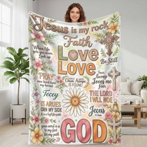 Inspirational Christian Faith Flannel Blanket Religious Cross Floral Scripture Quotes Print Soft Cozy Lightweight Warm Plush Fleece Blankets for Living Room Bedroom Sofa Couch Bed Camping Travel Holiday Gift