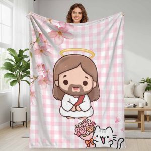 Cute Jesus and cat floral pink flannel blanket soft warm cozy  throw for couch sofa bed living room bedroom home decor indoor daily relaxing holiday gifting spring season inspiration festival celebration family gathering