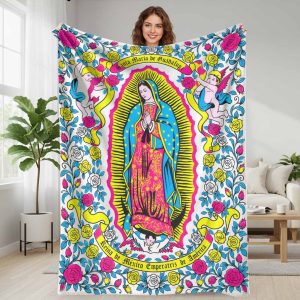 Sacred Lady flannel blanket religious holy figure floral rose print cozy soft warm throw blanket for couch bed living room home decor holiday festival religious blessing gift