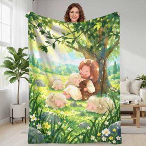 Shepherd and cute lambs flannel blanket pastoral sunshine print ultra soft cozy lightweight warm for living room bedroom sofa couch travel camping holiday gift