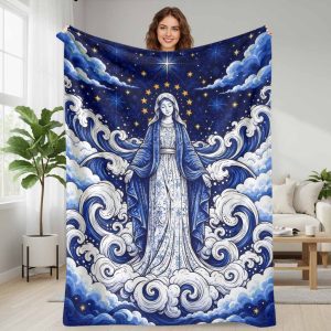 Blessed Mother Mary celestial blue flannel blanket starry night sky and holy divine blessing art print super soft cozy lightweight warm for living room bedroom church prayer festival holiday home decor couch throw