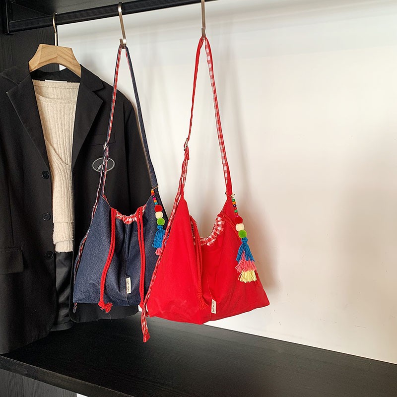 Plaid denim canvas bag women's large capacity tote bag versatile one-shoulder commuting casual crossbody bag