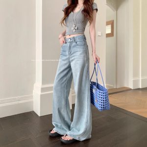 Real shot of summer high-waisted slim spliced ​​denim girls high-waisted loose wide-leg trousers